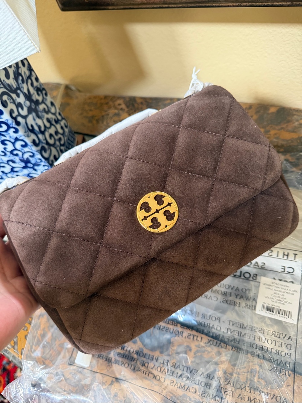 Tory Burch WILLA Quilted Suede Leather Shoulder Bag in Chocolate Brown